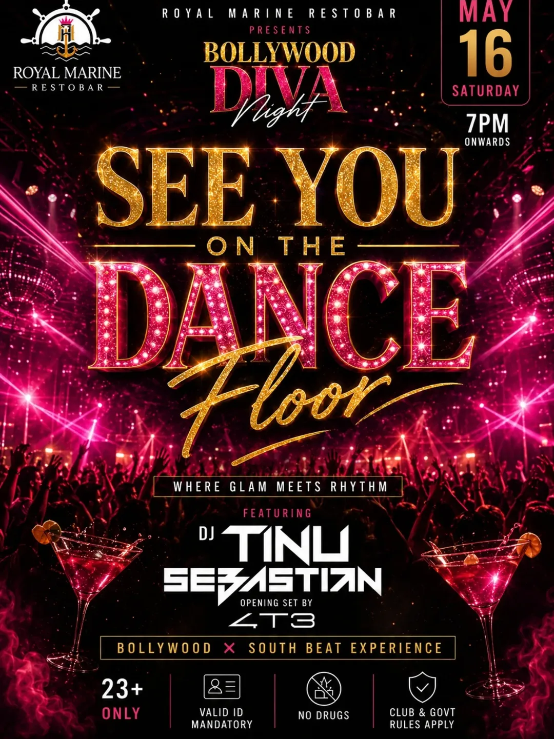 Bollywood Diva Night - See You On The Dance Floor Ft. DJ Tinu Sebastian | Royal Marine Restobar, Marine Inn Hotel, Marine Drive, Kochi