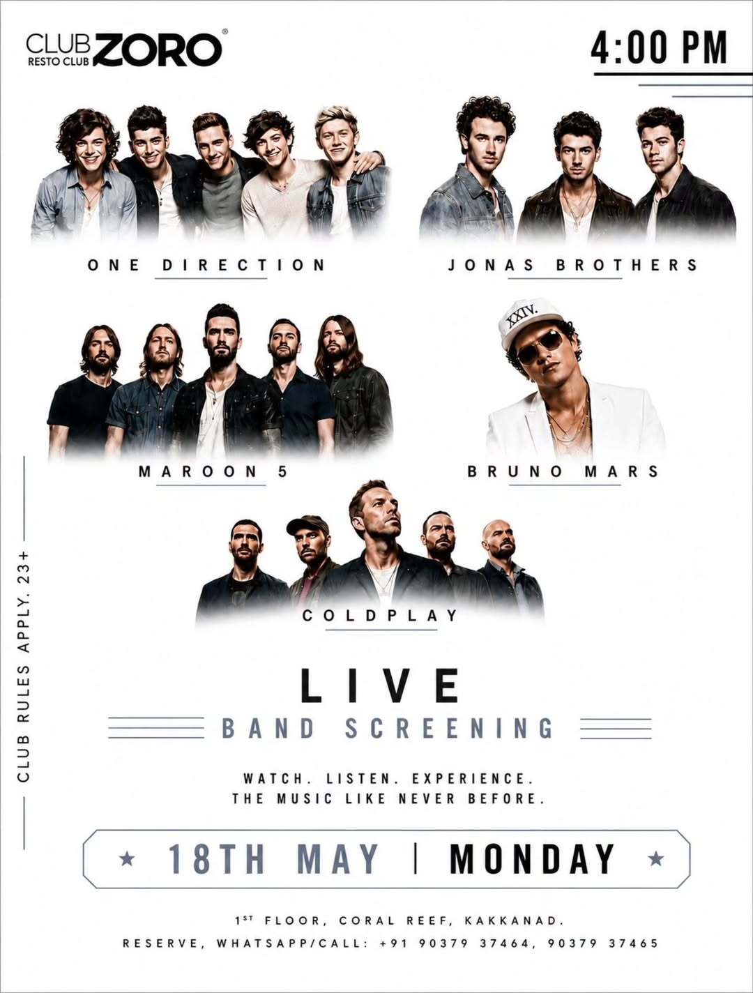 Live Band Screening Night at Club Zoro Kochi Featuring One Direction, Coldplay, Bruno Mars and More | Club Zoro, Coral Reef, Kakkanad, Kochi