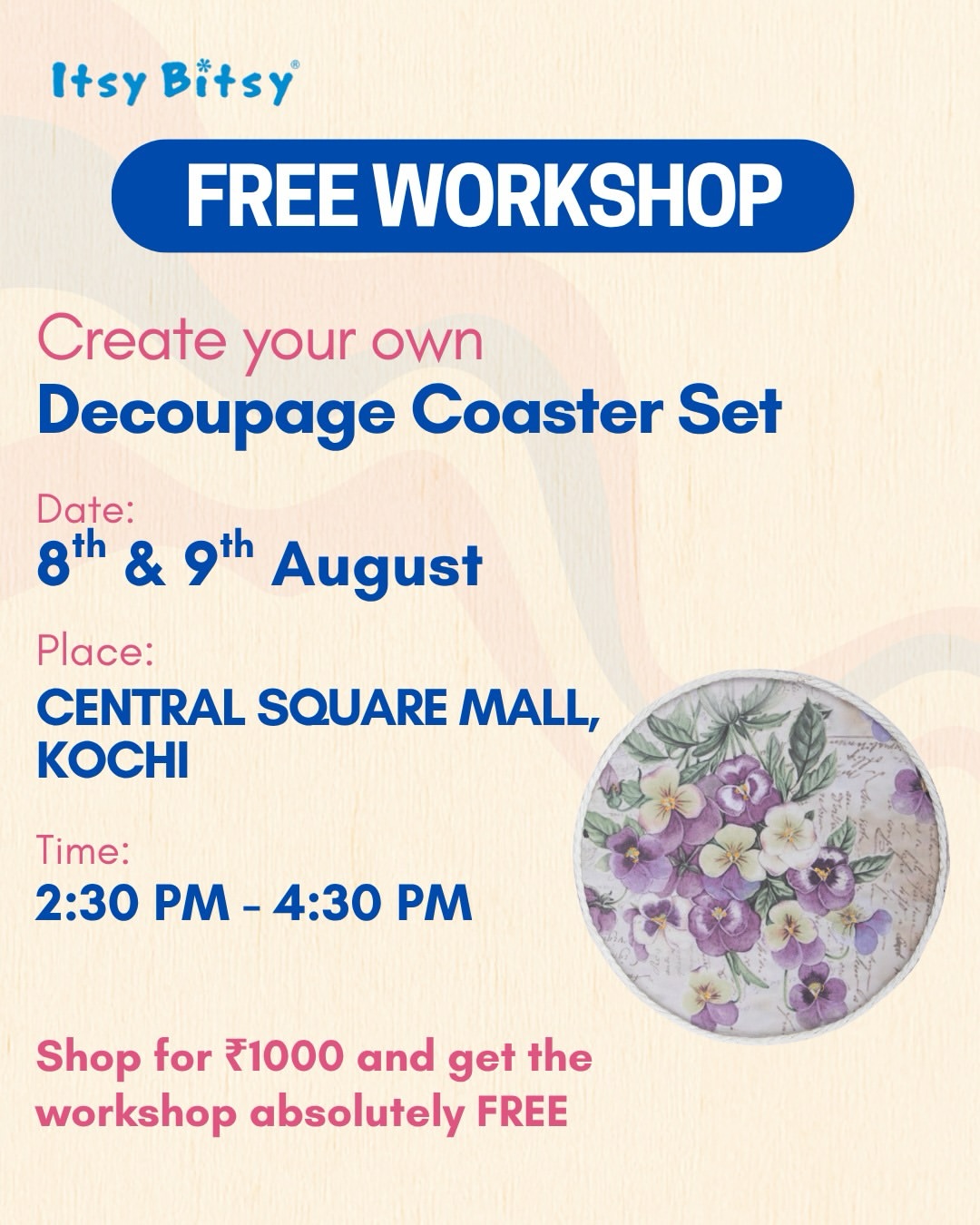 Decoupage Coaster Set Workshop | Itsy Bitsy, Central Square Mall, Kochi