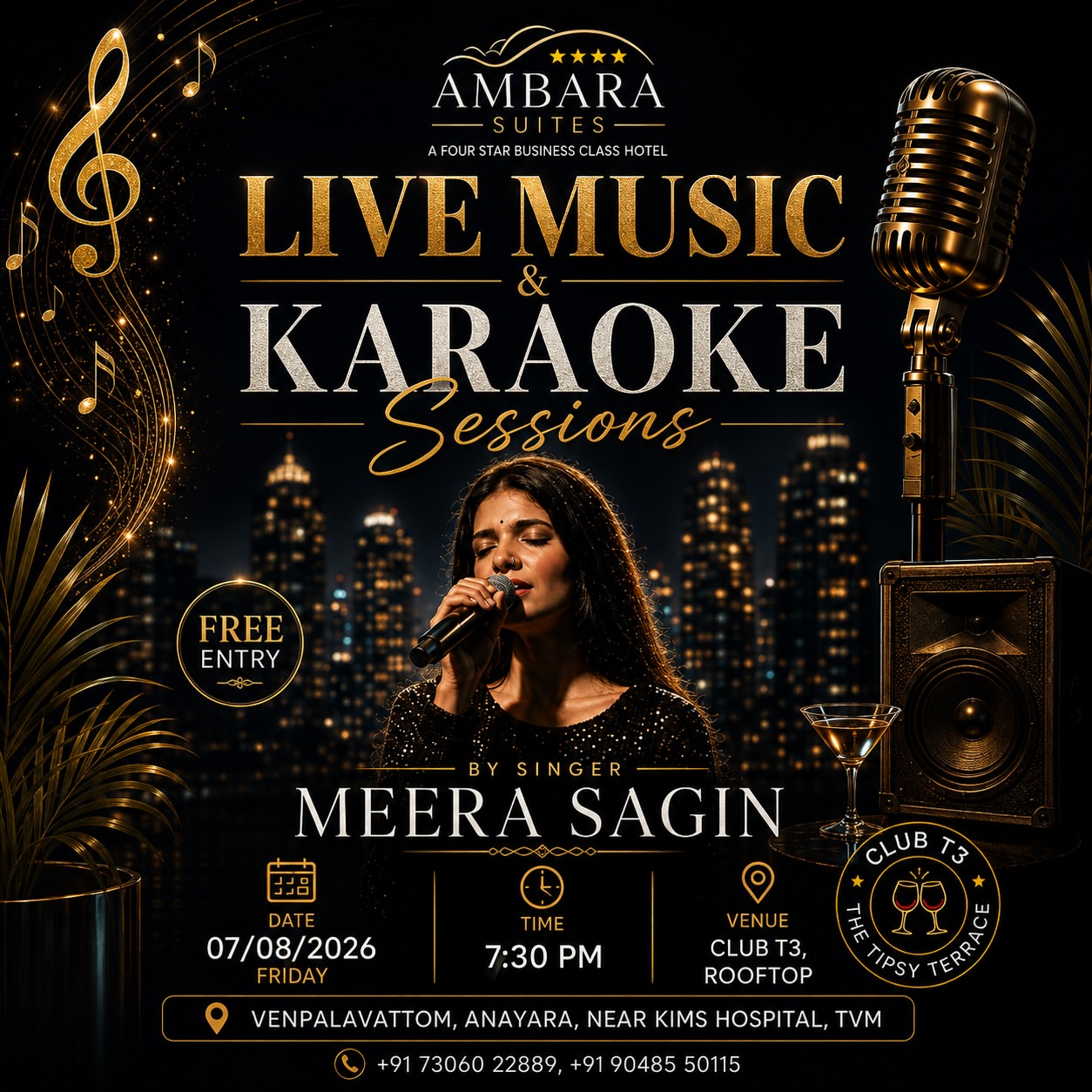 Live Music & Karaoke Sessions by Meera Sagin | Club T3 Rooftop, Ambara Suites, Thiruvananthapuram