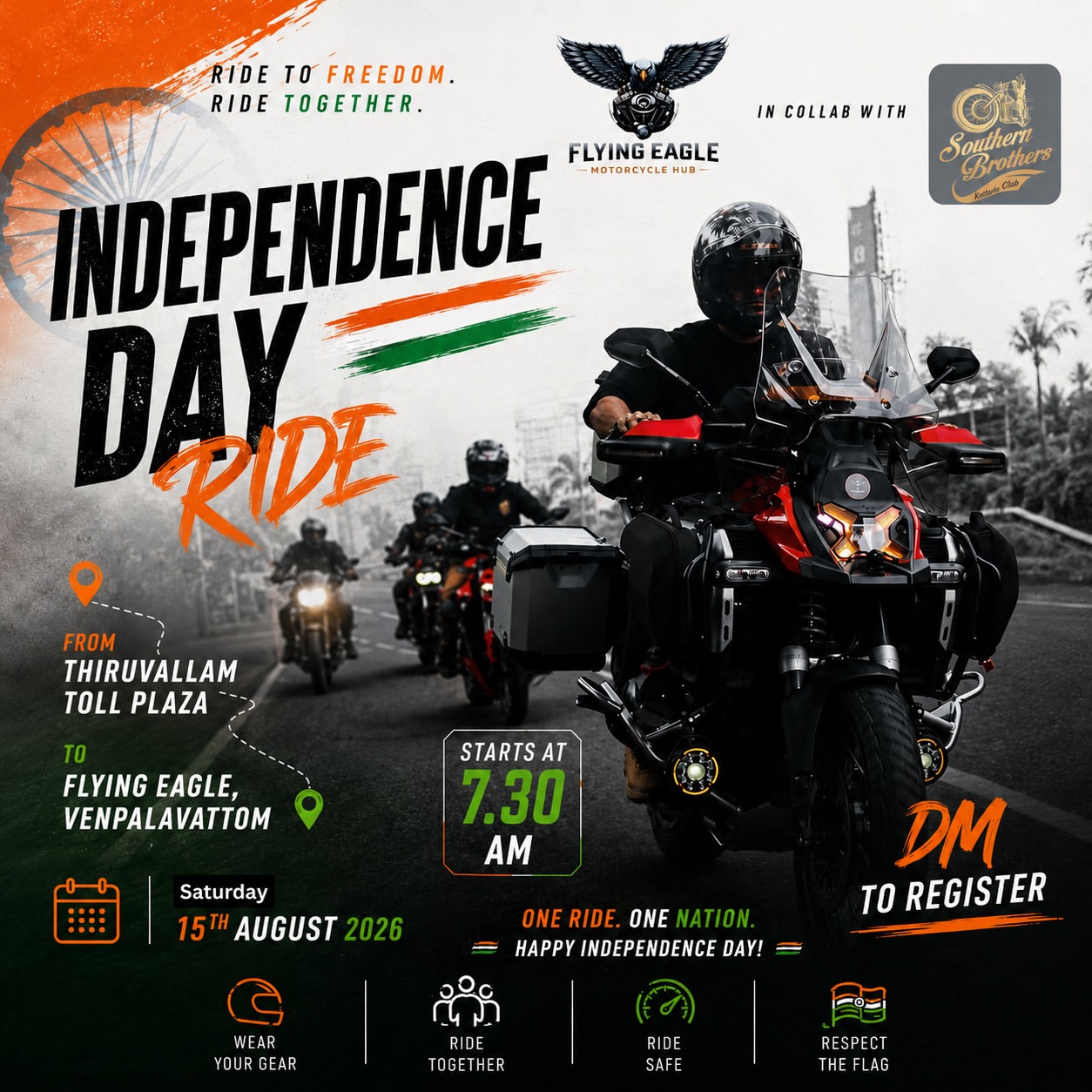 Independence Day Ride 2026 | Thiruvallam Toll Plaza to Flying Eagle Motorcycle Hub, Venpalavattom