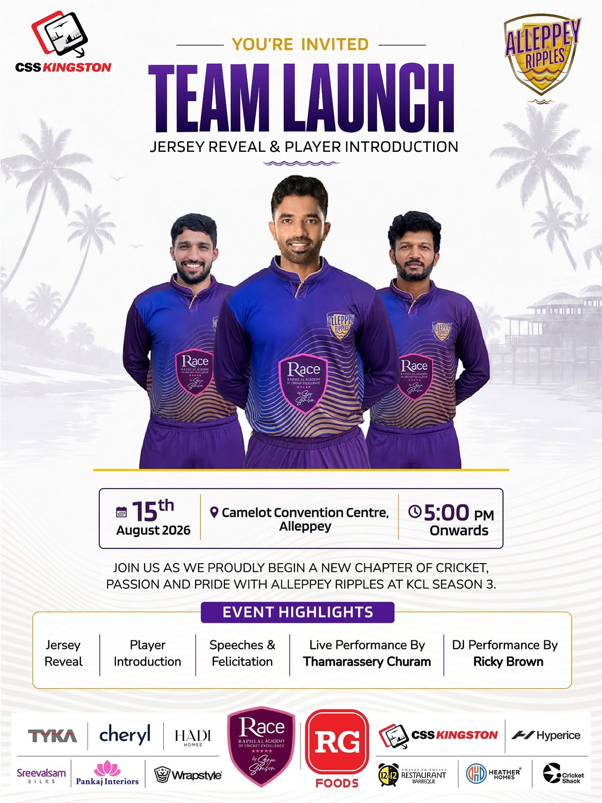 Alleppey Ripples Team Launch & Player Introduction | KCL Season 3 | Camelot Convention Centre, Alleppey