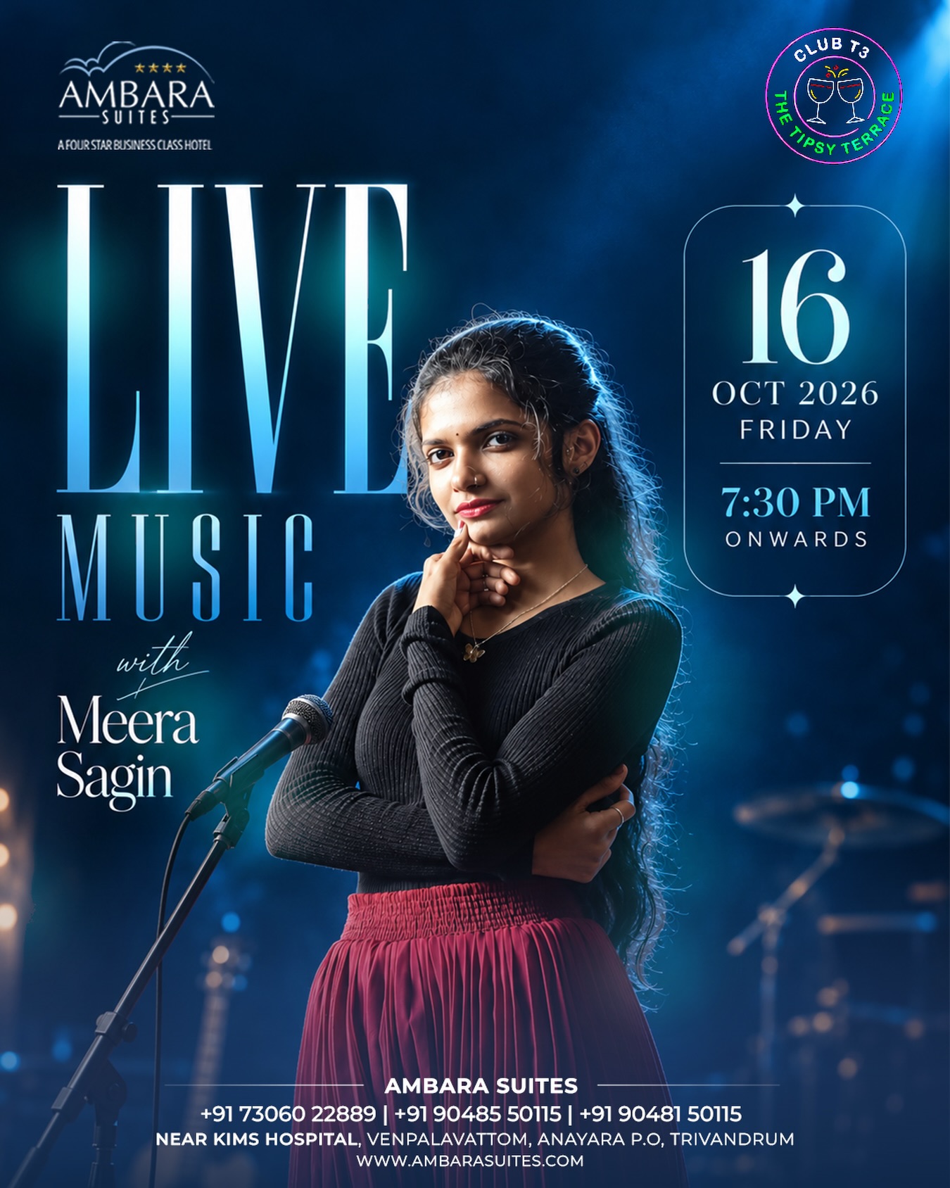 Live Music with Meera Sagin | Club T3 β The Tipsy Terrace, Ambara Suites, Trivandrum