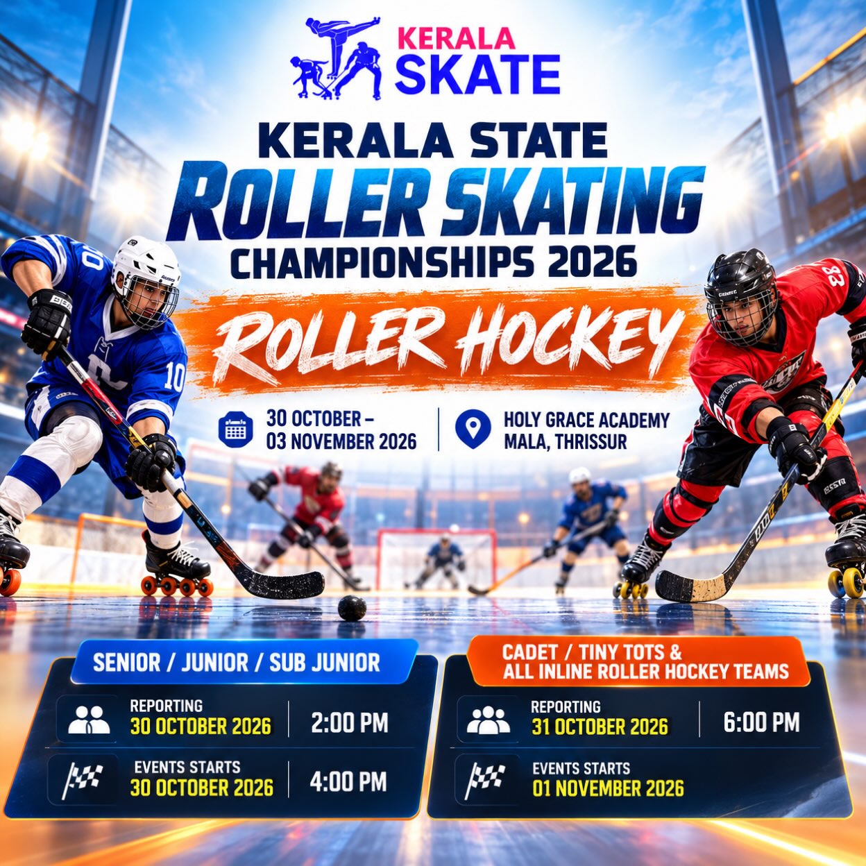Kerala State Roller Skating Championships 2026 – Roller Hockey | Holy Grace Academy, Mala, Thrissur, Kerala