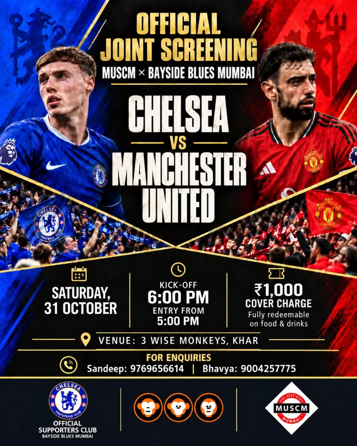 Chelsea FC vs Manchester United FC – Official Joint Screening | 3 Wise Monkeys, Khar West, Mumbai, Maharashtra